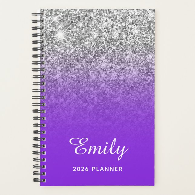 Blue Violet Silver Glitter Ombre Personalised Planner (Front)