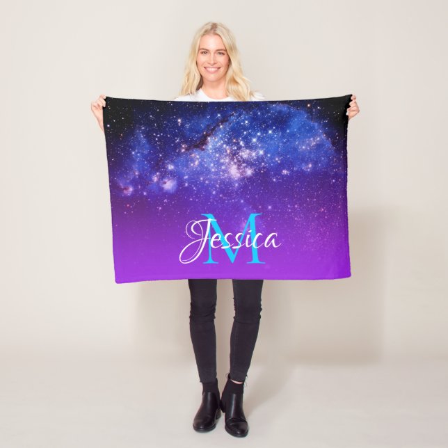 Blue Violet Sparkly Stars Celestial Ombre Monogram Fleece Blanket (In Situ)