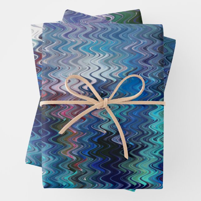 Blue Violet Teal White Marbling Abstraction Wrapping Paper Sheet (In situ)