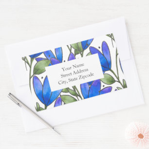 Blue Violet Watercolor Floral Stem Pattern Labels