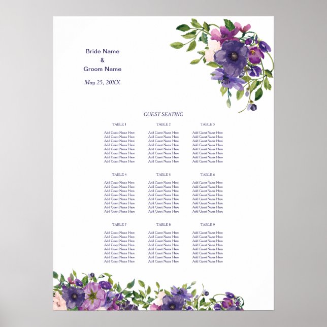 Blue Violet Wild Rose Wedding Dinner Seating Chart (Front)