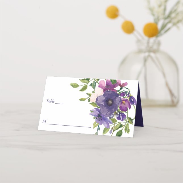 Blue Violet Wild Roses Wedding Place Card (Front)