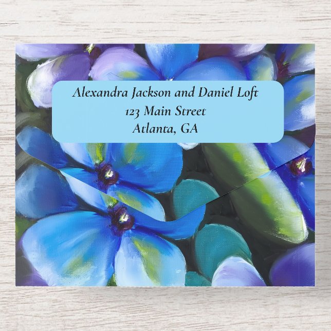 blue violets yaneyaart oil painting floral  all in one invitation (Back)