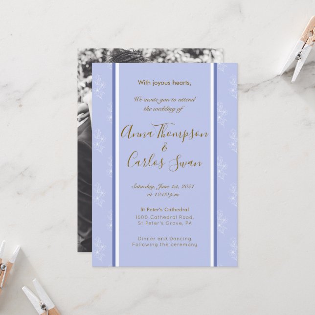 Blue Vodka Floral Photo Wedding Invitation (Front/Back In Situ)
