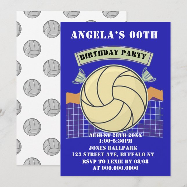 Blue Volleyball Birthday Party Invites (Front/Back)
