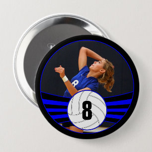 Blue Volleyball Player Custom Photo & Number Sport 10 Cm Round Badge