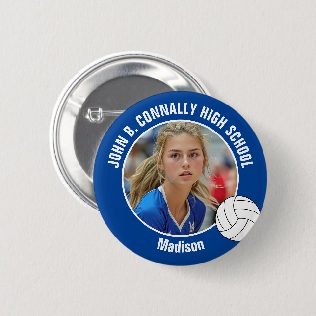 Blue Volleyball Player Photo High School Spirit 6 Cm Round Badge (Front & Back)