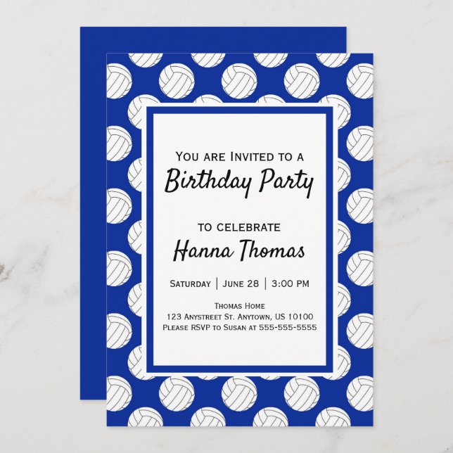 Blue Volleyball Theme Birthday Invitation (Front/Back)