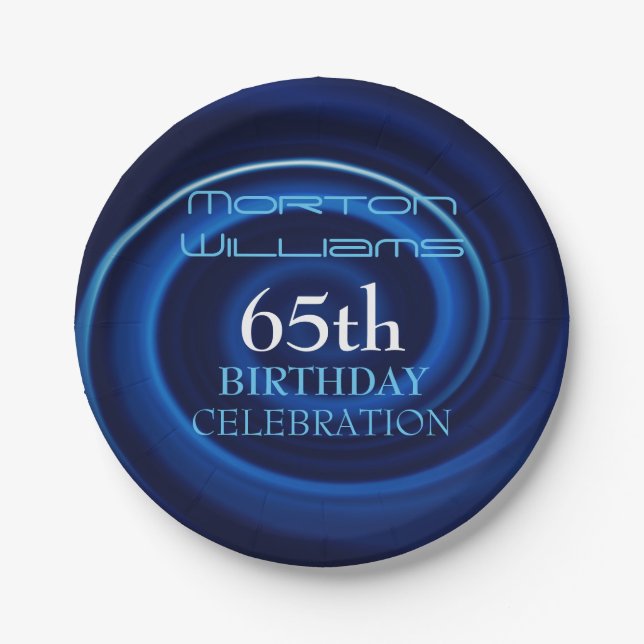 Blue Vortex 65th Birthday Celebration PP Paper Plate (Front)
