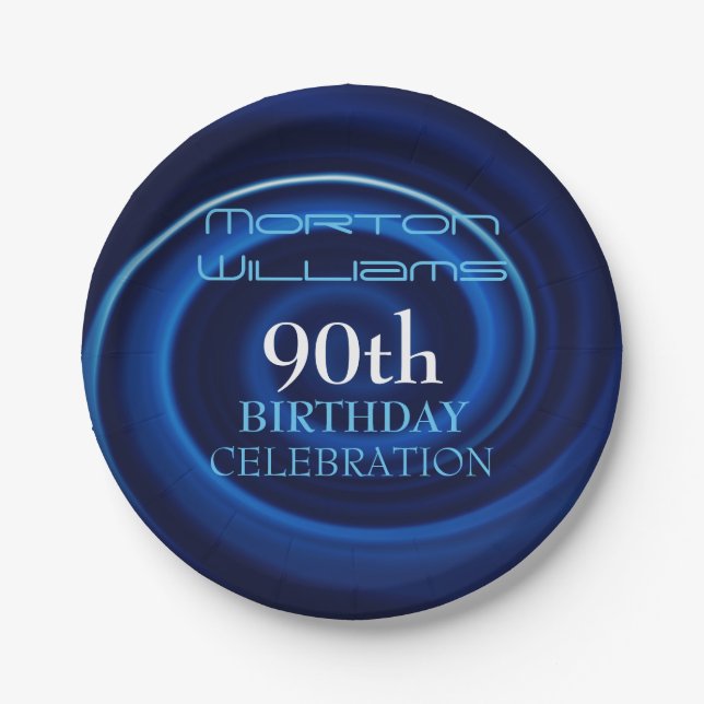 Blue Vortex 90th Birthday Celebration Paper Plate (Front)