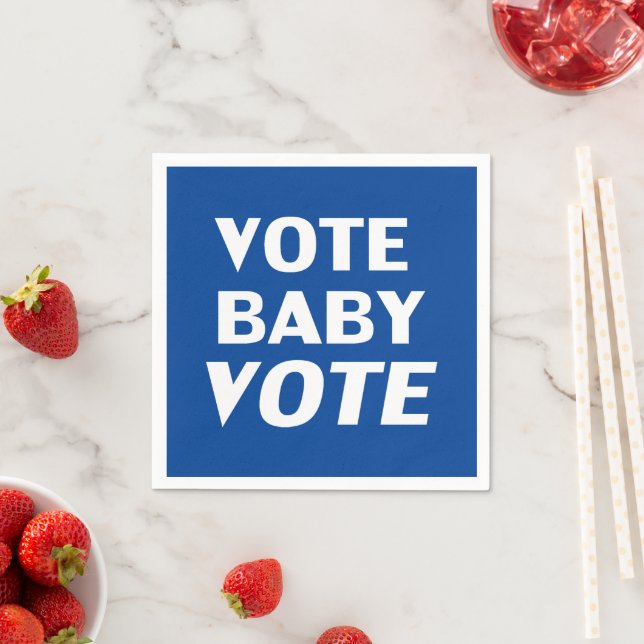 Blue "vote baby vote" white paper napkin (Insitu)