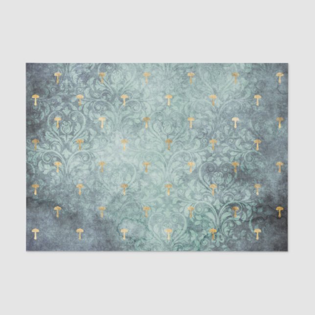 Blue Wash with Gold Mushrooms Decoupage Paper (Front)