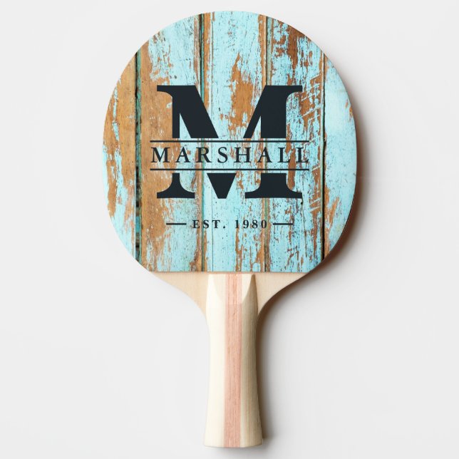 Blue Wash Wood Monogram & Name Overlay Ping Pong Paddle (Back)