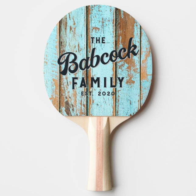 Blue Wash Wood Retro Family Name & Year Ping Pong Paddle (Front)