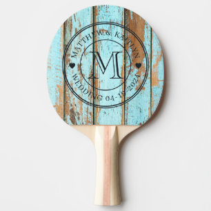 Blue Wash Wood Wedding Monogram Heart Ping Pong Paddle