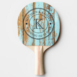 Blue Wash Wood Wedding Monogram Ping Pong Paddle