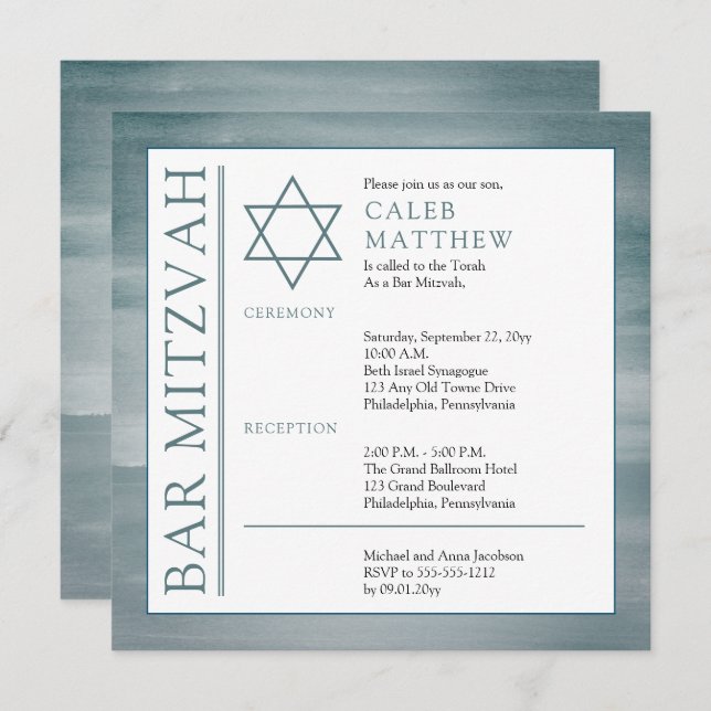 Blue Washed Watercolor Bar Mitzvah Invitation (Front/Back)