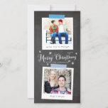Blue Washi Tape and Chalkboard Photo Frames Holiday Card<br><div class="desc">This skinny format holiday card is a budget friendly choice and showcases two your your favourite photos in vintage style instant photo frames with editable captions. The design looks like they are taped to a chalkboard with patterned strips of paper washi tape to give the card a casual and homemade...</div>
