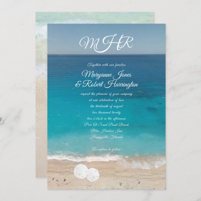 Blue Water Beach Ceremony Wedding Monogram Invites (Front/Back)