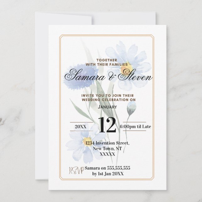 Blue Water Color Flower Wedding Celebration Invite (Front)
