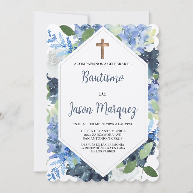 Blue water coloured flower baptism invitation  (Front)