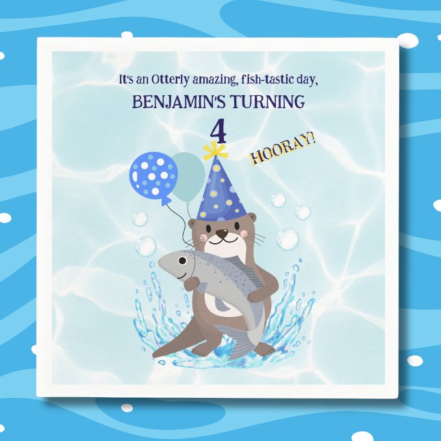 Blue Water Cute Boy Sea Otter Birthday Party Napkin (Creator Uploaded)