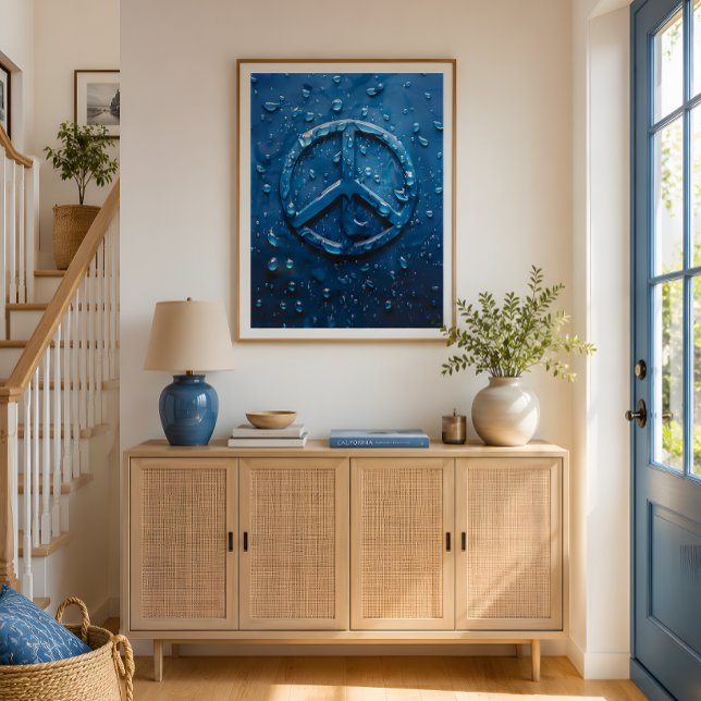 Blue Water Droplet Peace Symbol Poster (Transform your space with this striking blue peace poster in timeless modern style.)