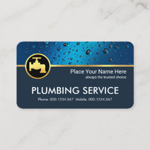 Blue Water Drops Gold Faucet Plumbing Business Card