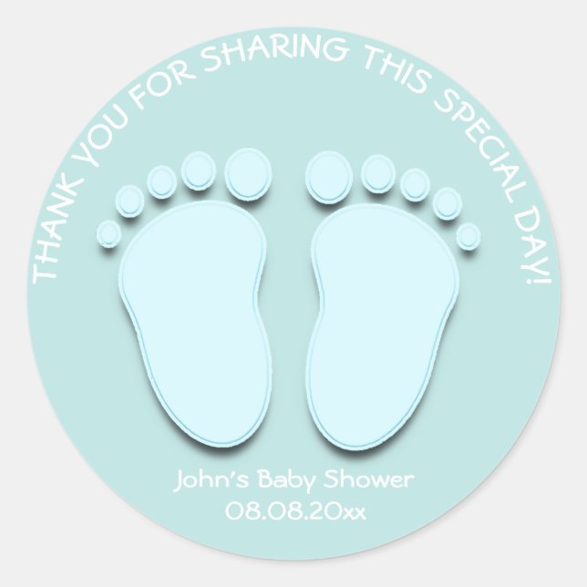 Blue Water Feet Baby Shower Favour Gift Thank Boy Classic Round Sticker (Front)