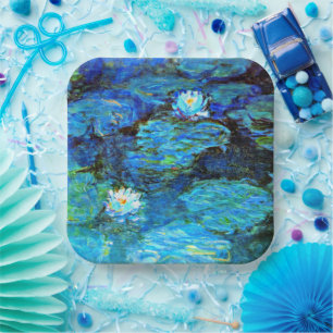 Blue Water-Lilies, fine art painting Paper Plate