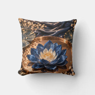 Blue Water Lily Copper Bowl Elegant Botanical Cushion