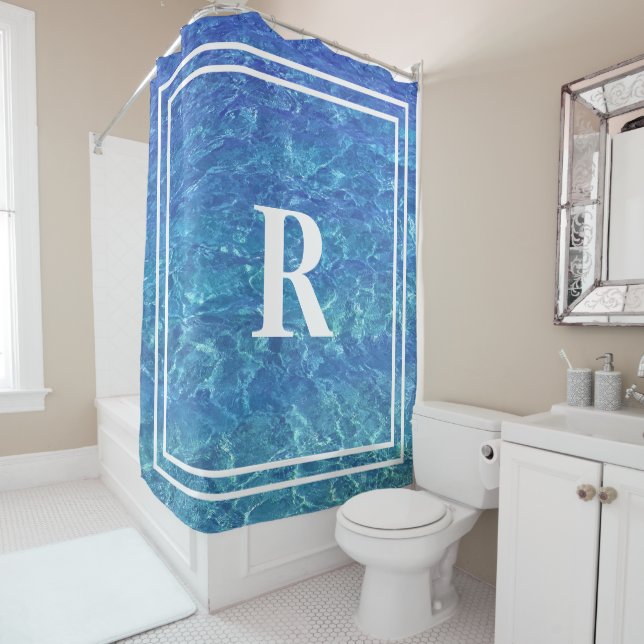 Blue Water Monogram Name Ocean Sea Pool Shower Curtain (In Situ)