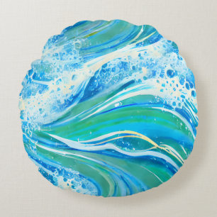 Blue Water Ocean Sea Waves Round Cushion