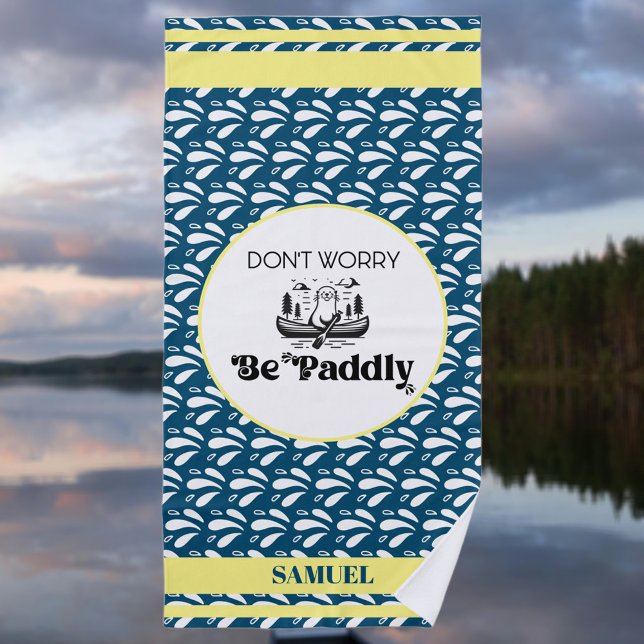 Blue Water Pattern Stripes Retro Canoe Otter Name Beach Towel (Creator Uploaded)