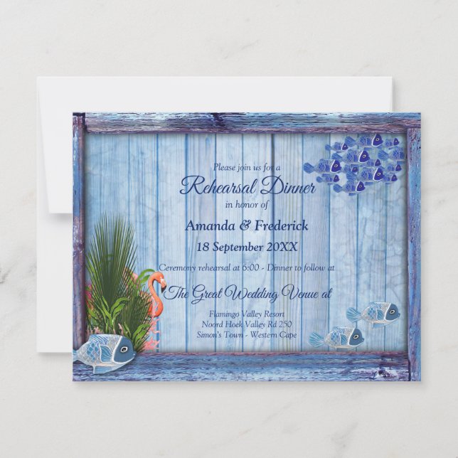 Blue water Pebbles, Pink Coral & Flamingos Invitation (Front)