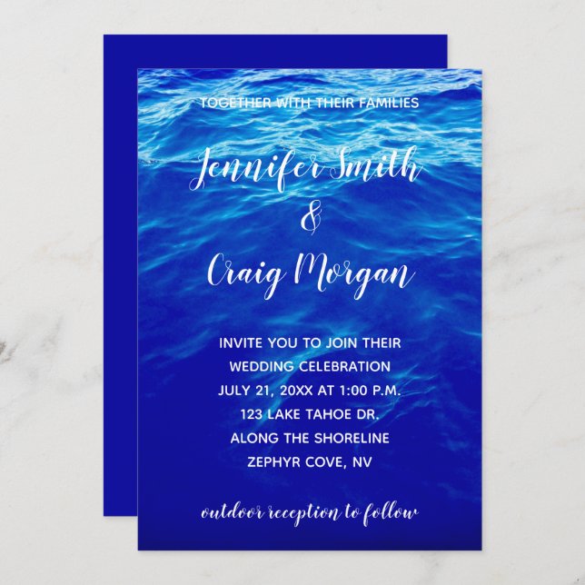 Blue Water Photo Modern Calligraphy Wedding Invitation (Front/Back)