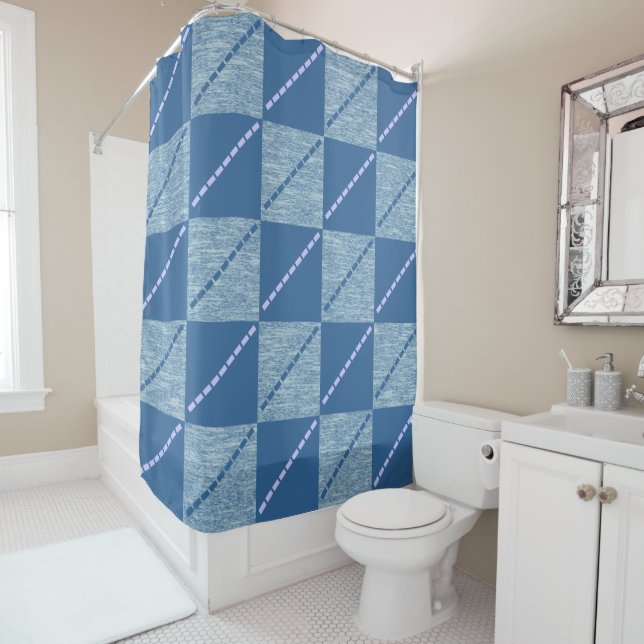 Blue Water Squares & Stripes Shower Curtain (In Situ)