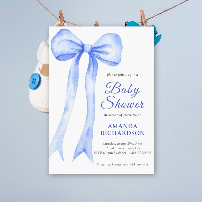 Blue Watercolor a Bow Boy Baby Shower Invitation (Creator Uploaded)