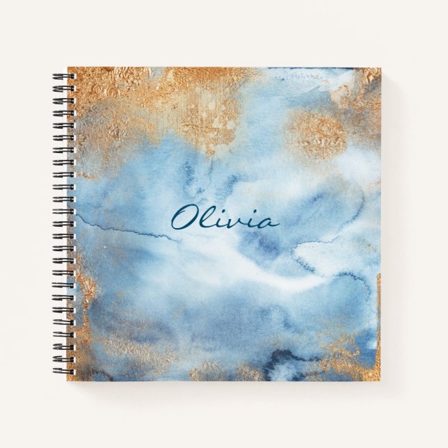 Blue Watercolor Abstract Name Script Notebook (Front)