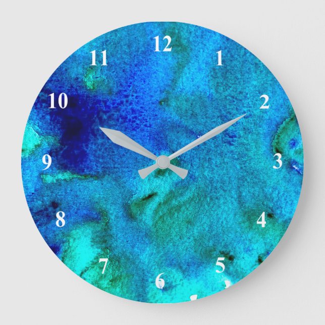Blue watercolor abstract ocean design large clock (Front)