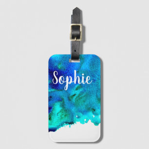 Blue watercolor abstract ocean design luggage tag