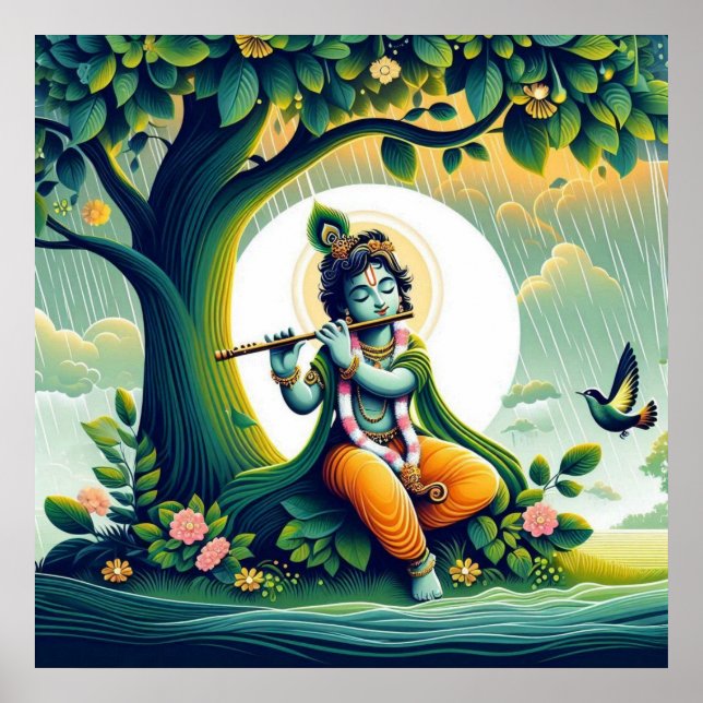 Blue Watercolor Abstract Poster of Lord Krishna (Front)