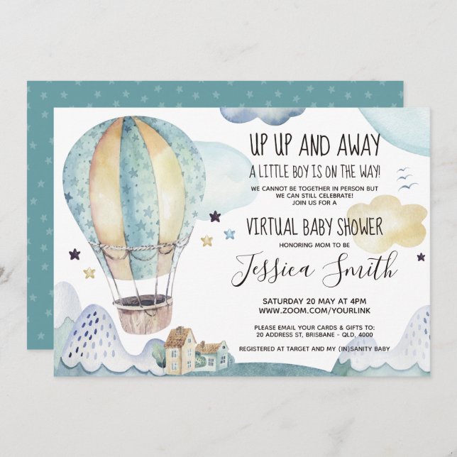 Blue Watercolor Air Balloon | Virtual Baby Shower Invitation (Front/Back)