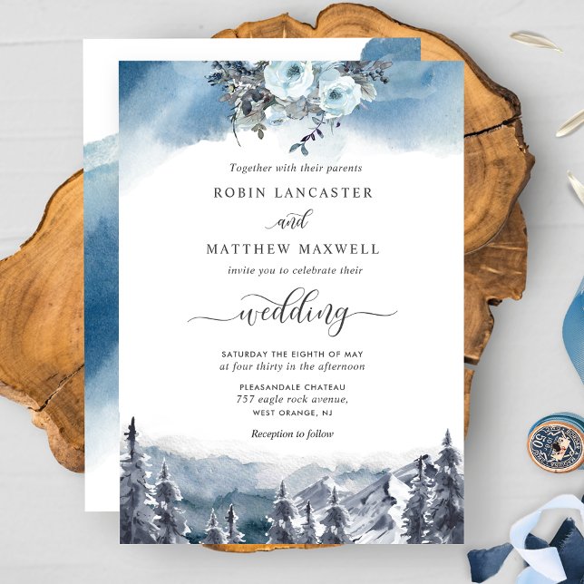 Blue Watercolor and Blue Mountains Wedding Invitation (Creator Uploaded)