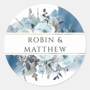 Blue Watercolor and Floral Envelope / Favour Classic Round Sticker