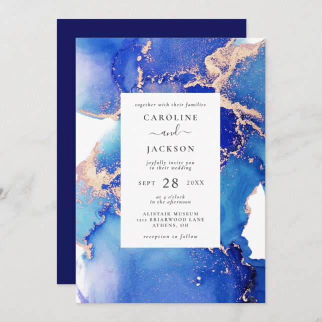 Blue Watercolor and Gold Wedding Invitation (Front/Back)
