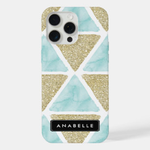 Blue Watercolor and Printed Glitter Triangles iPhone 15 Pro Max Case