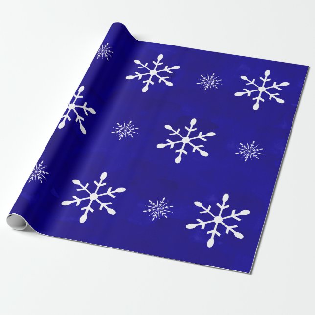 Blue Watercolor and White Snowflakes | Christmas Wrapping Paper (Unrolled)