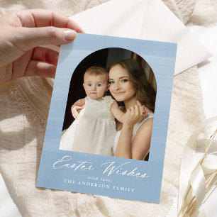 Blue Watercolor Arch 2 Photo Easter Wishes Holiday Card