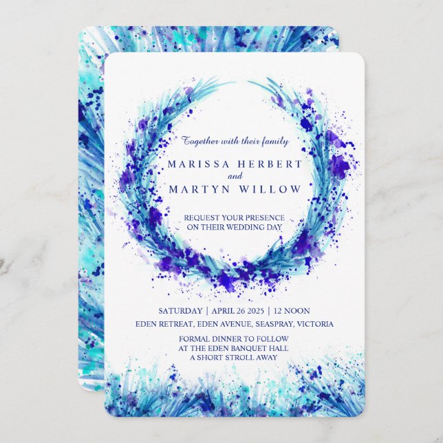 Blue watercolor art splat wedding invitations (Front/Back)